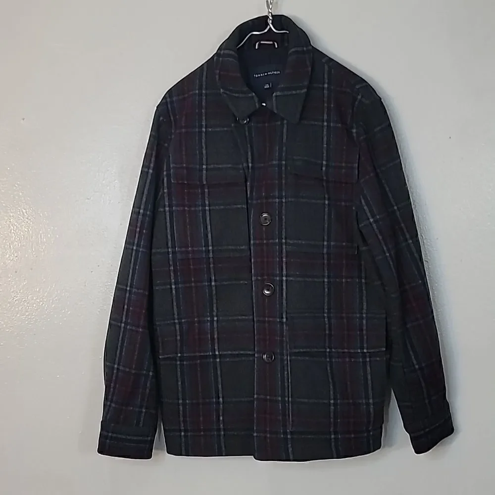 Tommy Hilfiger Mens Plaid Wool Utility Coat